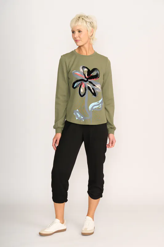 Model wearing Sage Flocked Floral Sweater - Wander By Memo Available at Beetees Nelson