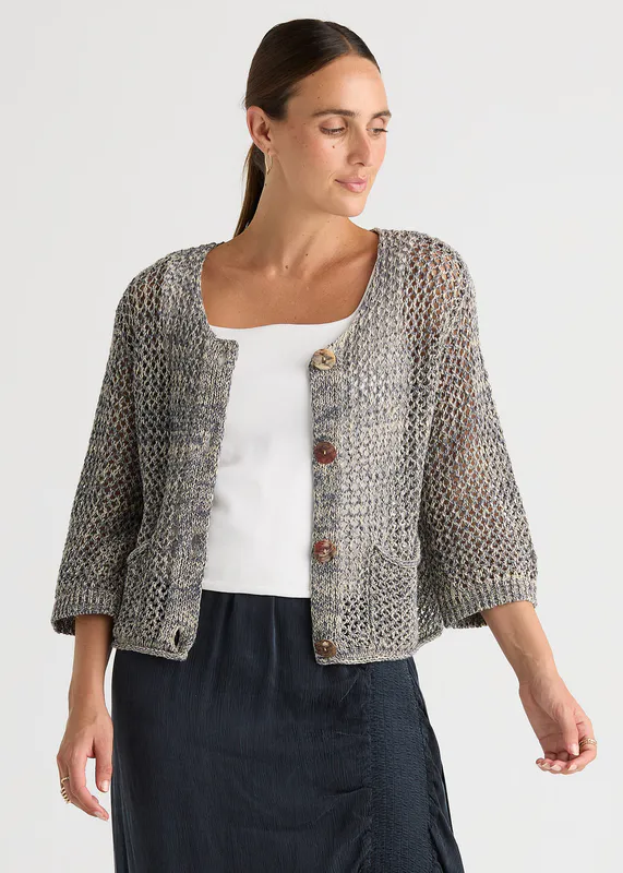 Model wearing Graphite Colour Mix Cardi By LD + CO Available at Beetees Nelson