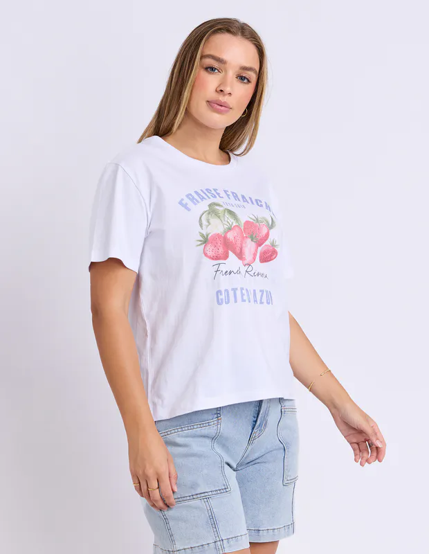 Model wearing White Fraiche Tee By Foxwood Available at Beetees Nelson