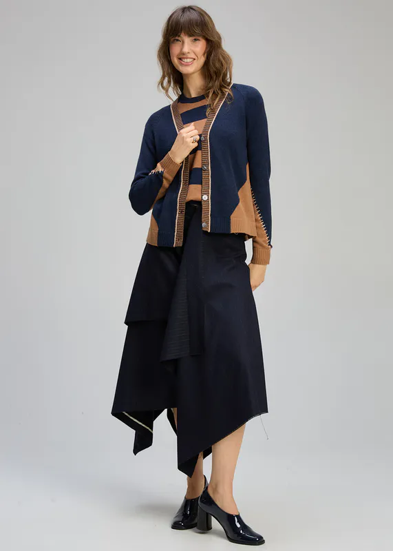 Model wearing Cinnamon Dual Sitch Cardi By Zaket & Plover Available at Beetees Nelson