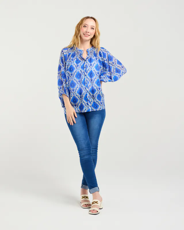 Model wearing Paisley Painting Juniper Top By Zafina Available at Beetees Nelson