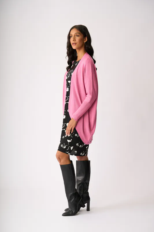 Model wearing Pink Open Front Midi Cardigan By Foil Available at Beetees Nelson