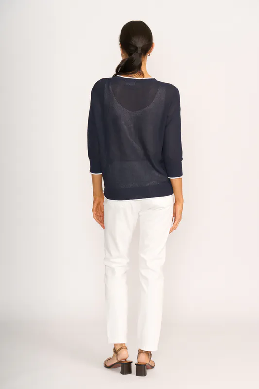 Model wearing Navy & White Contrast Edge Jumper By OH Three Available at Beetees Nelson