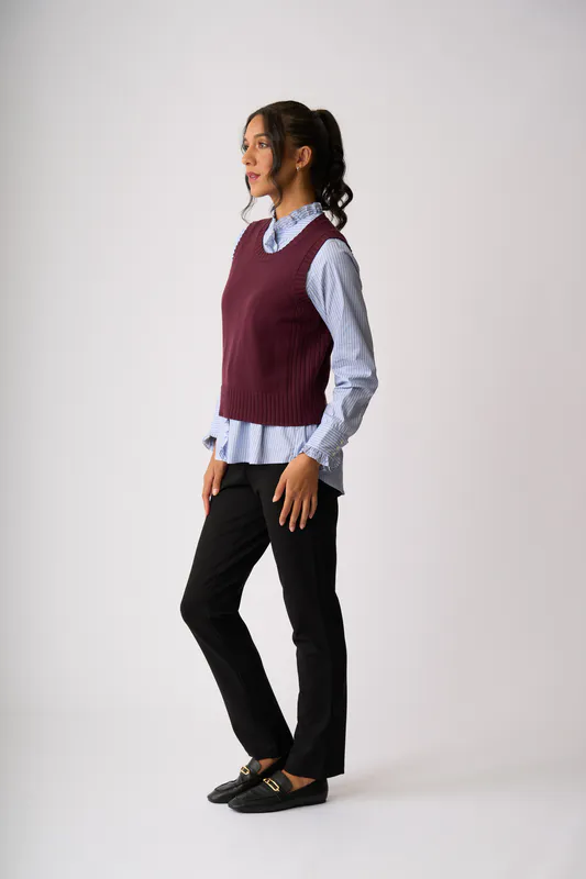 Model wearing Black Cherry Vest Day Ever Vest By Memo Available at Beetees Nelson