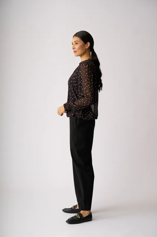 Model wearing Sky Coco Spot Pintuck Front, Shirred Cuff Blouse By Memo Available at Beetees Nelson