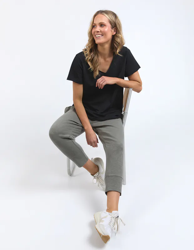 Model wearing Black Pima Vee Tee By Elm Available at Beetees Nelson