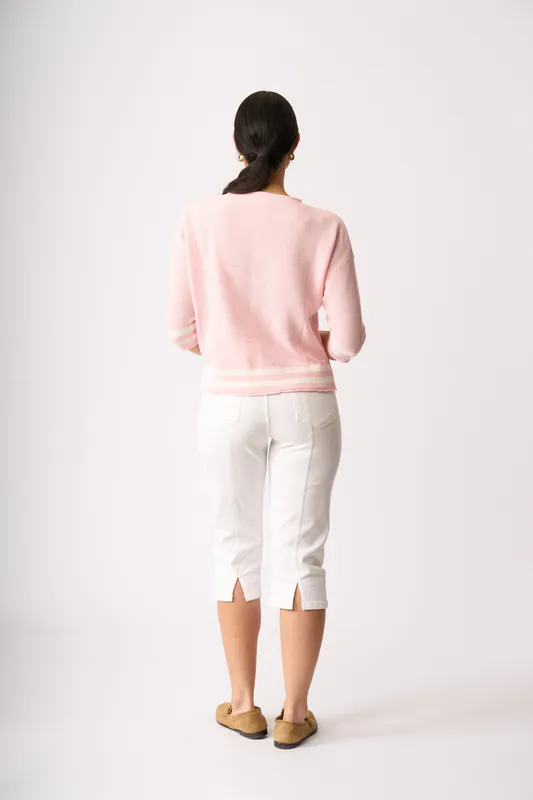 Model wearing Blush Contrast Rib Jumper By Oh Three Available at Beetees Nelson
