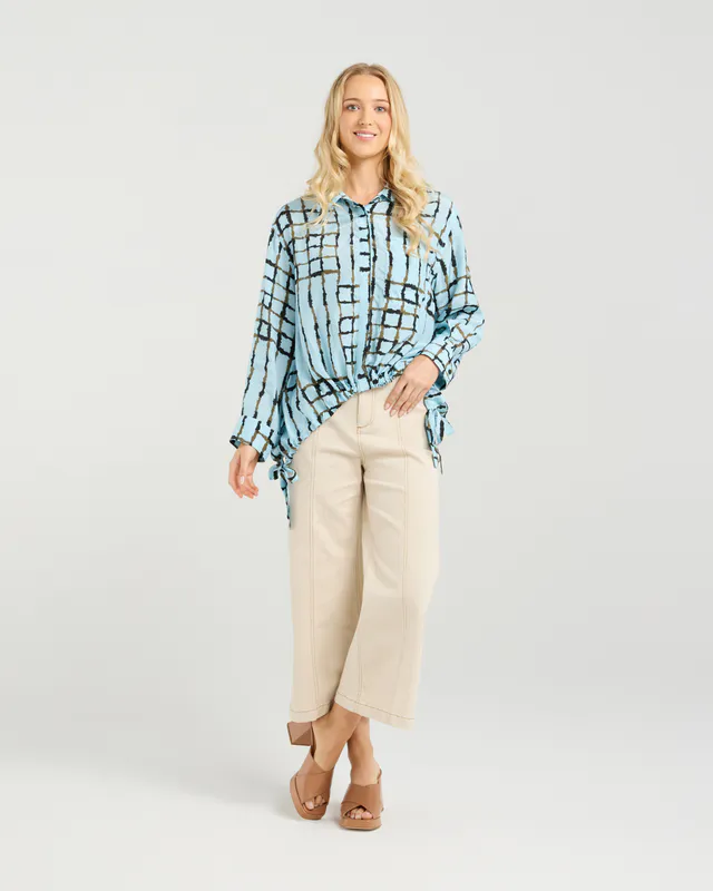 Model wearing Skyline Plaid Jodi Shirt By Et Alia Available at Beetees Nelson