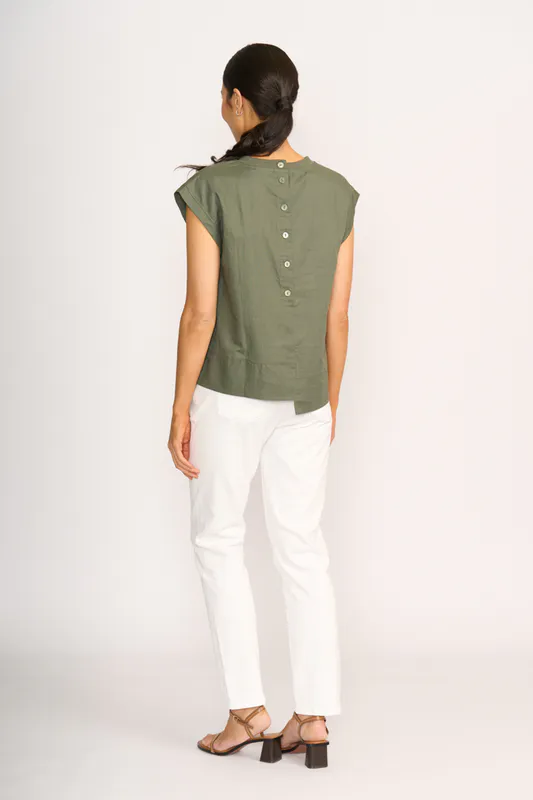 Model wearing Sage Cut Of Your Rib Top By Foil Available at Beetees Nelson