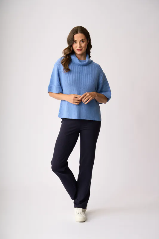 Model wearing Light Blue Cowl Neck Rib Jumper By Foil Available at Beetees Nelson