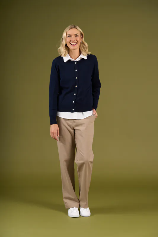 Model wearing Midnight Edgeware Cardigan By Charlie Jane Available at Beetees Nelson