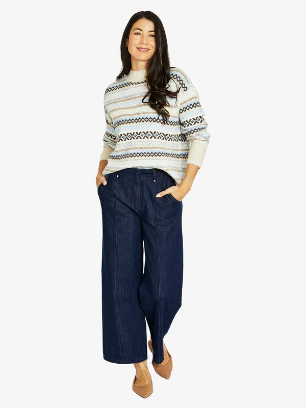 Model wearing Multi Fairisle Pullover By Jump Available at Beetees Nelson