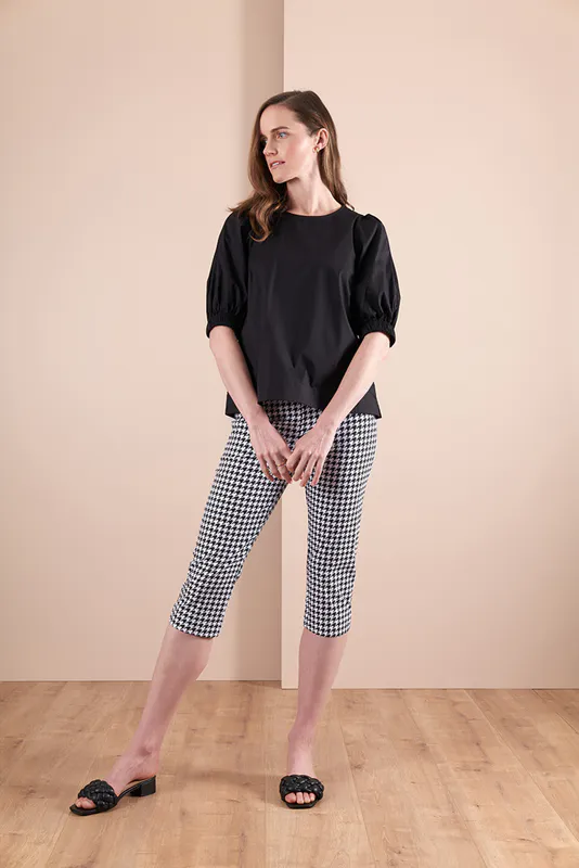 Model wearing houndstooth coloured Pant - 3/4, Printed By Esplanade By Esplanade available at Beetees Nelson