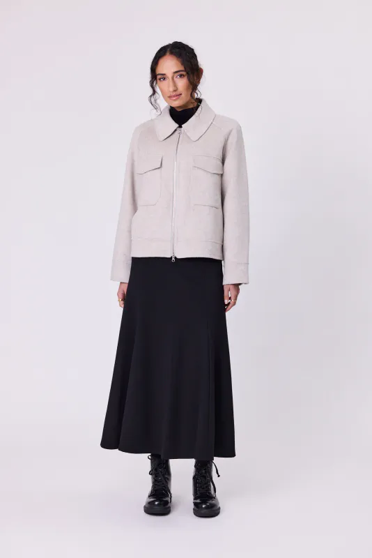 Model wearing Grey Marl Ness Wool Jacket By Navy & Co. Available at Beetees Nelson