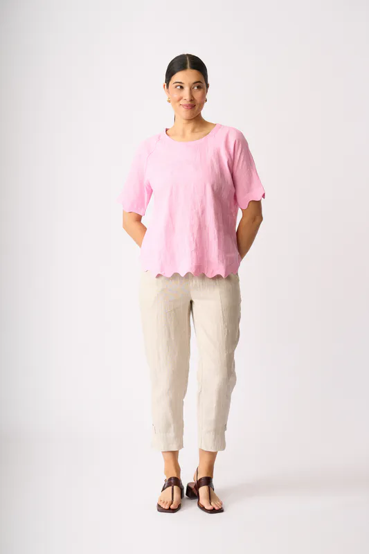 Model wearing Pink Scalloped Top By Foil Available at Beetees Nelson