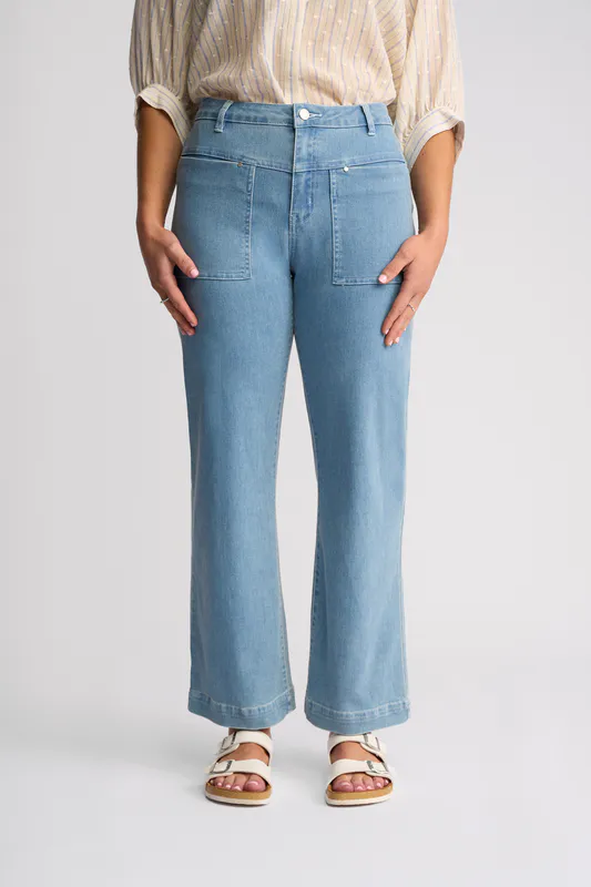 Model wearing Light Wash Denim Villa Jean By Vassalli Available at Beetees Nelson