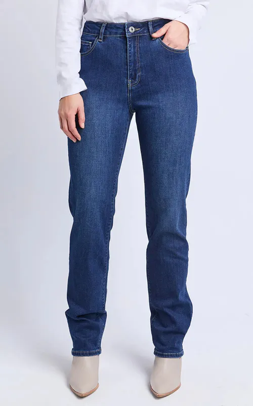 Model wearing Blue Ada Full Length Jean By Elm Available at Beetees Nelson