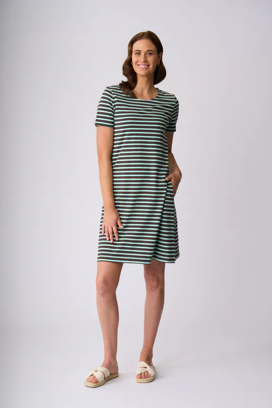 Model wearing Chocolate Seabreeze Alexandra Dress By Charlie Jane Available at Beetees Nelson