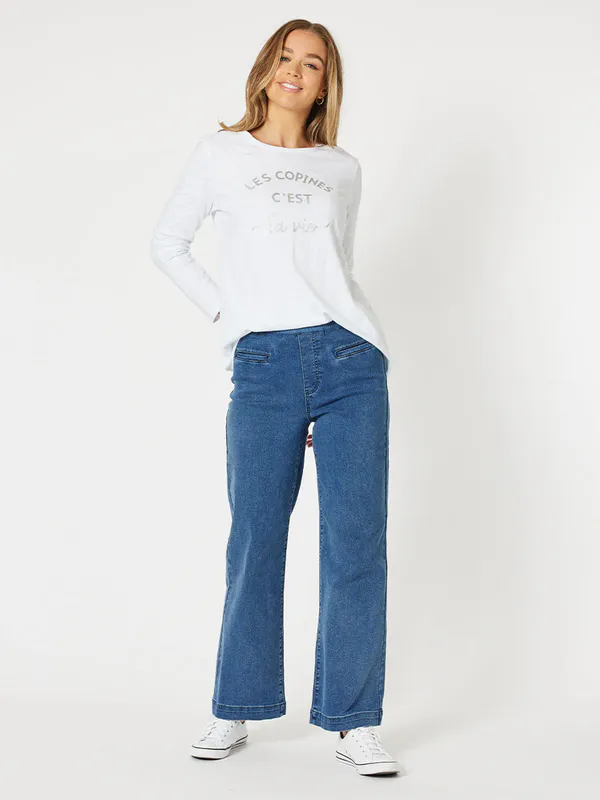Model wearing Denim Coloured Maddy Pull on Wide Leg Jean By Threadz Available at Beetees Nelson