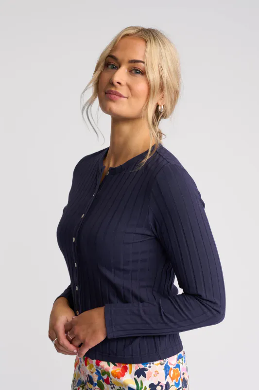 Model wearing Navy Suri Cardi By Vassalli Available at Beetees Nelson