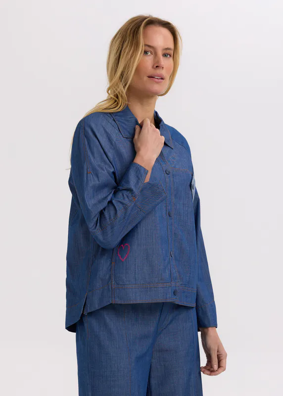 Model wearing Vintage Denim Denim Shaket By Zaket & Plover Available at Beetees Nelson