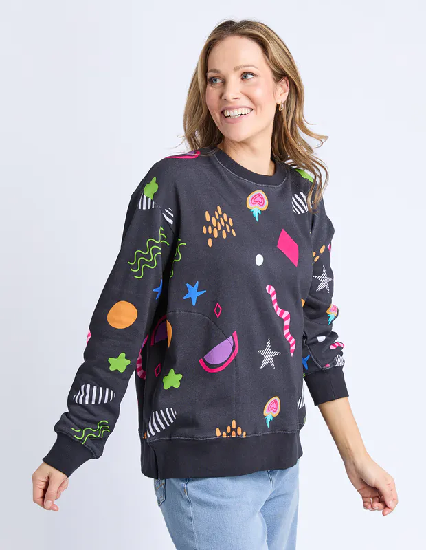 Model wearing Midnight Licorice Galaxy Crew By Elm Available at Beetees Nelson