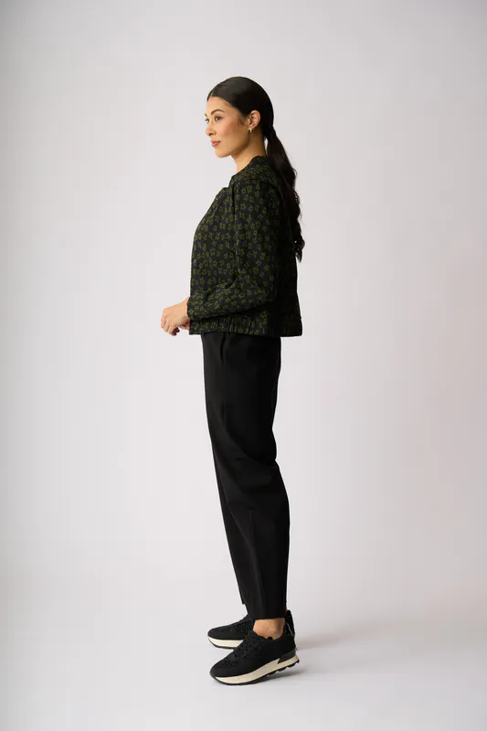 Model wearing Khaki Floral Jacquard Knit Bomber By Esplanade Available at Beetees Nelson