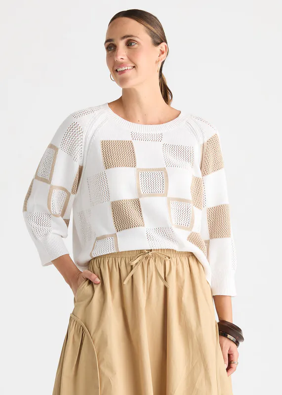 Model wearing White Patch Pointelle Top By Zaket & Plover Available at Beetees Nelson