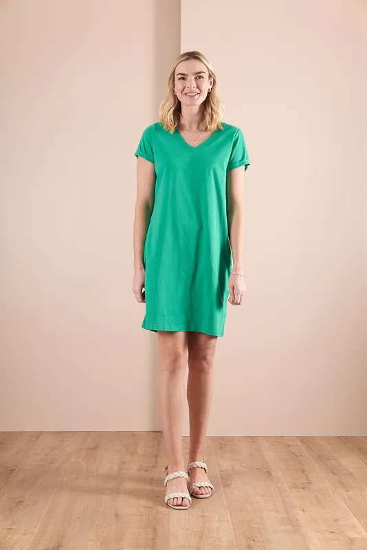 Front View  of Model wearing Green Coloured Dress - V Neck By Esplanade Available at Beetees Nelson