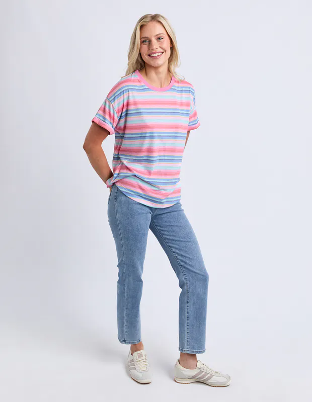 Model wearing Multi Stripe Icecream Tee By Elm Available at Beetees Nelson