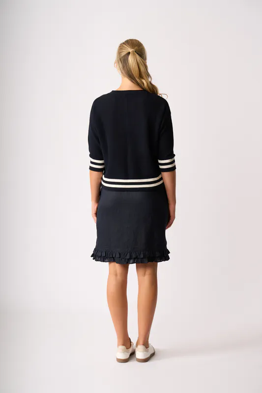 Model wearing Midnight Contrast Rib Jumper By Oh Three Available at Beetees Nelson