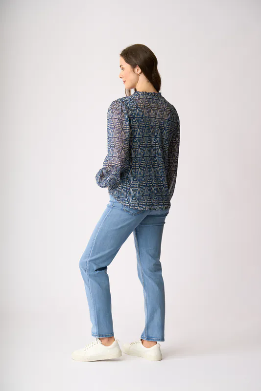 Model wearing Aqua Geo Shirred Yoke Blouse By Memo Available at Beetees Nelson