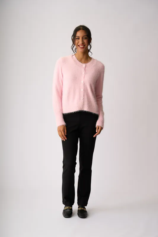 Model wearing Pink Fluffy Scoop Cardigan By Foil Available at Beetees Nelson
