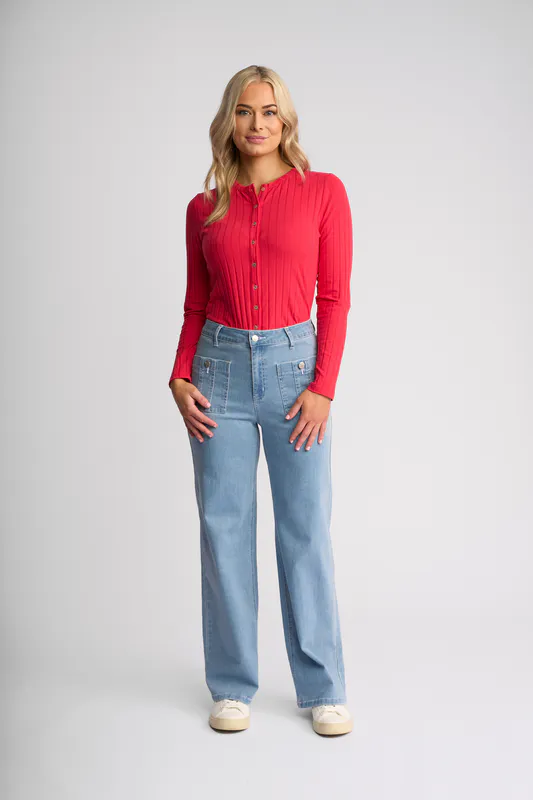 Model wearing Light Wash Denim Lottie Jean By Vassalli Available at Beetees Nelson