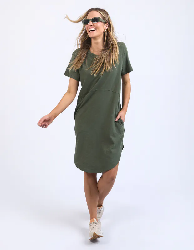 Model wearing Khaki Bay Dress By Foxwood Available at Beetees Nelson