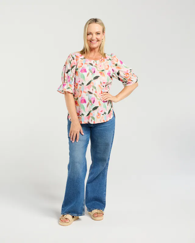 Model wearing Soft Bloom Sadie Top By Seduce Available at Beetees Nelson
