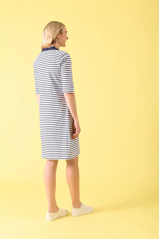 Model wearing White/Navy Stripe Fox River Dress By Charlie Jane Available at Beetees Nelson