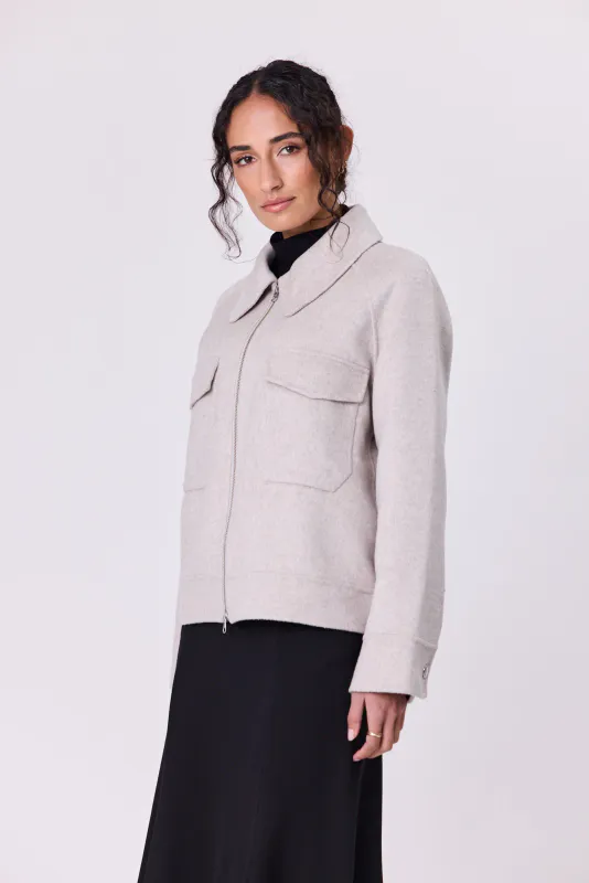 Model wearing Grey Marl Ness Wool Jacket By Navy & Co. Available at Beetees Nelson