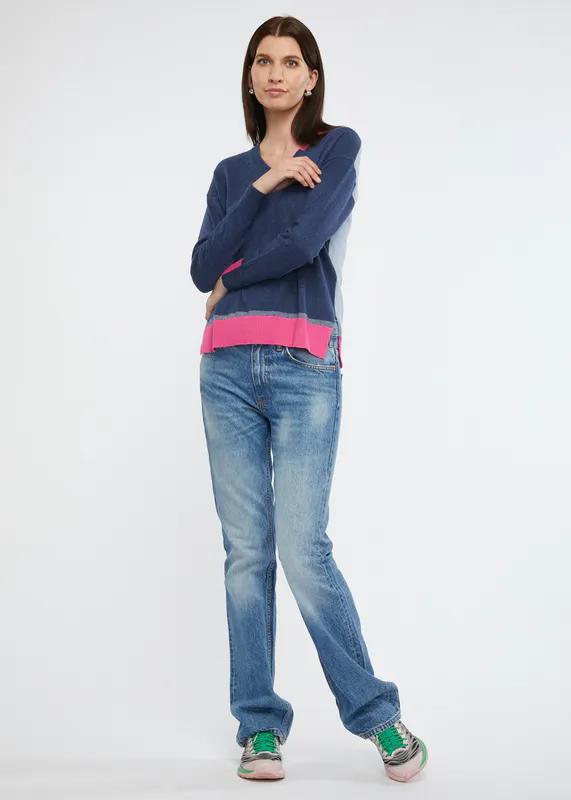 Model wearing Denim Coloured Detail Trim Jumper By Zaket & Plover Available at Beetees Nelson