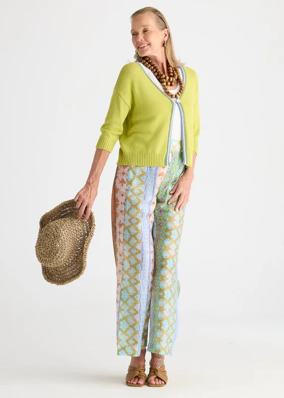 Model wearing Green Glow Crochet Trim Cardi By Zaket & Plover Available at Beetees Nelson