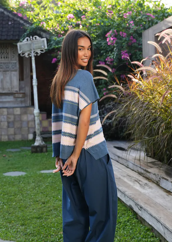 Model wearing Steel Zig Detail Top By Zaket & Plover Available at Beetees Nelson