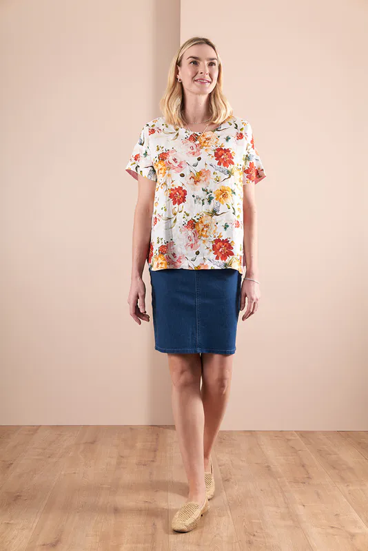 Model wearing Vintage Bloom Coloured Top - Boxy, Scoop Hem By Foil Available at Beetees Nelson