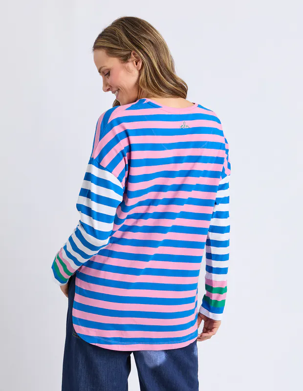Model wearing Pink/Blue Taffy Stripe Long Sleeve Tee By Elm Available at Beetees Nelson