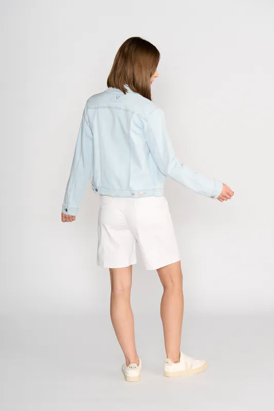 Model wearing Arctic Denim Jacket By Vassalli Available at Beetees Nelson