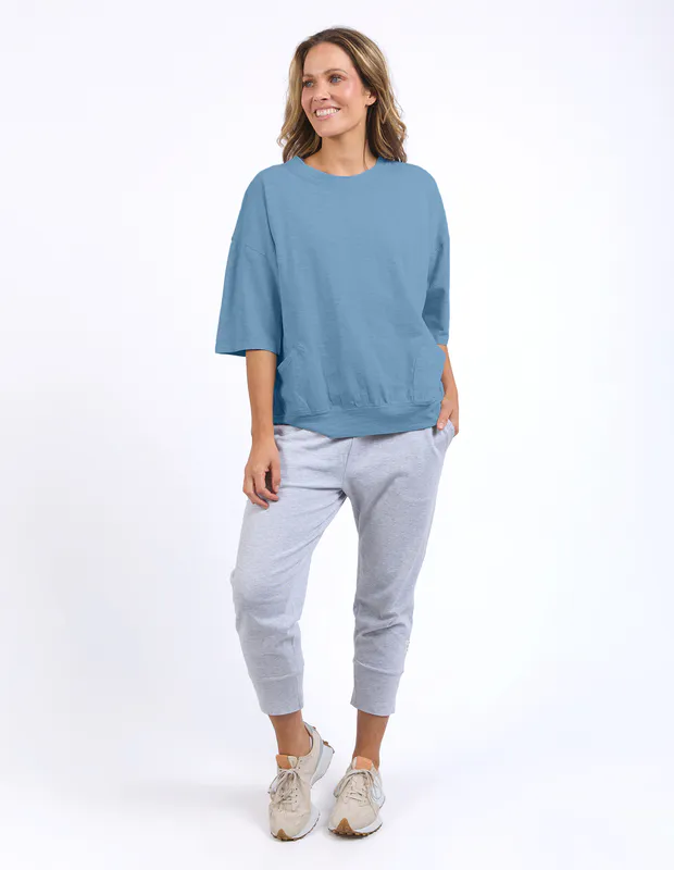 Model wearing Pale Blue Mazie Sweat By Elm Available at Beetees Nelson