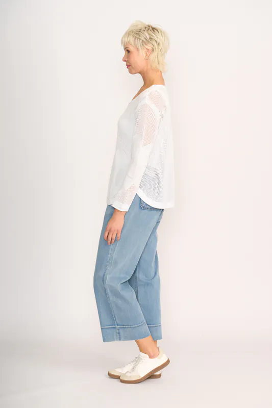 Model wearing White Make My Daisy Sweater By Foil Available at Beetees Nelson