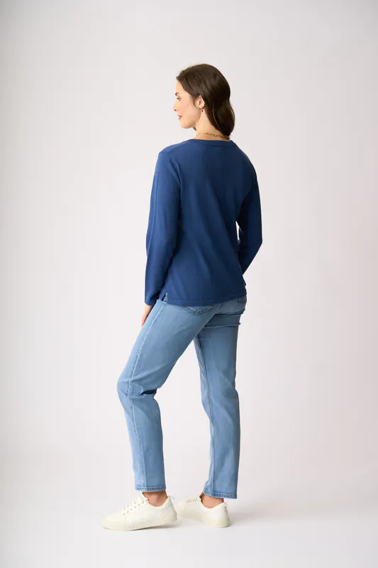 Model wearing Indigo Henley Sweater By OH Three Available at Beetees Nelson