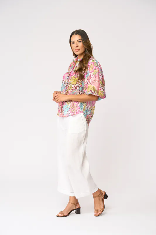Model wearing Bohemia Bubble Trouble Blouse By Foil Available at Beetees Nelson