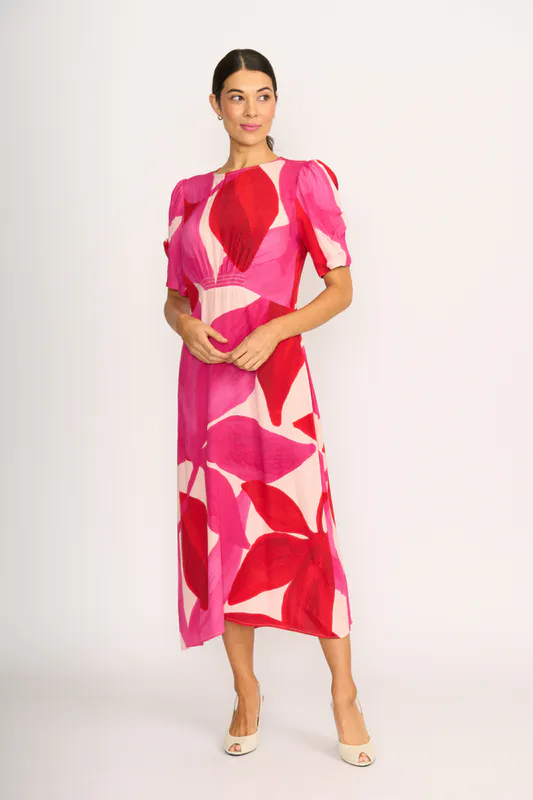 Model wearing Petals Gathered Sleeve Dress By Foil Available at Beetees Nelson