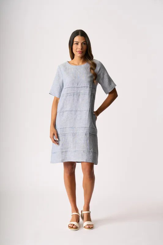 Model wearing Pale Blue Cross Dye Crowd Favourite Dress By Foil Available at Beetees Nelson